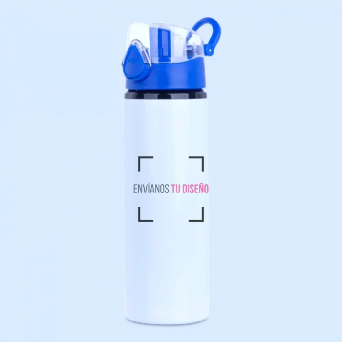 Botella de agua deportiva personalizada con tapa azul, imagen referencial con frase “envíanos tu diseño”.