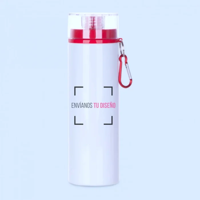 Botella de agua portátil personalizada con tapa roja y mosquetón metálico.
