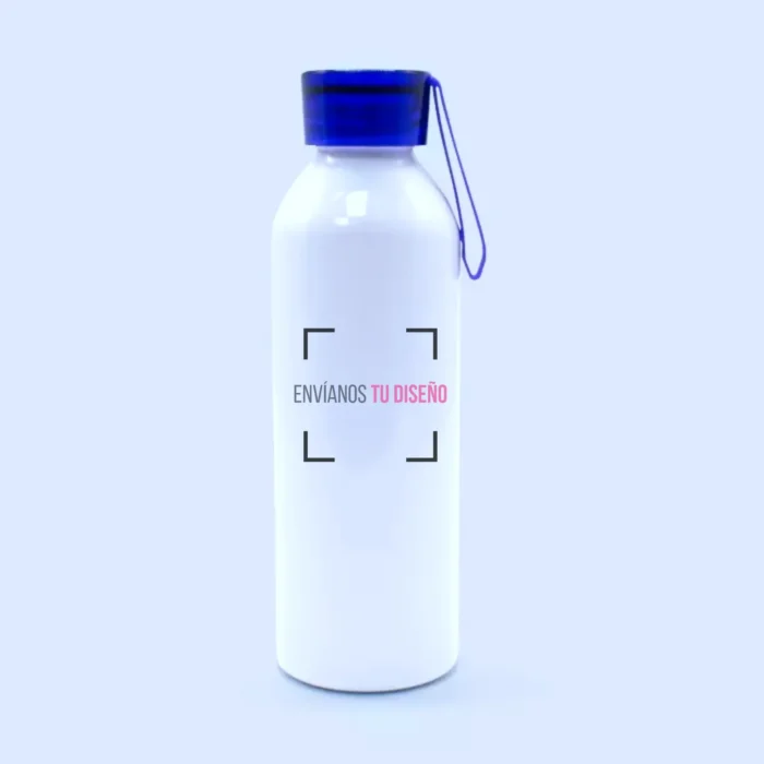 Botella de aluminio blanca con tapa violeta y mensaje “envíanos tu diseño”.