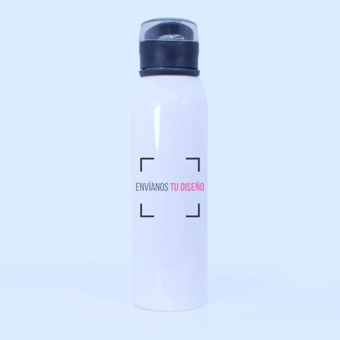 Botella para agua personalizada con tapa clic negra y frase “envíanos tu diseño”.