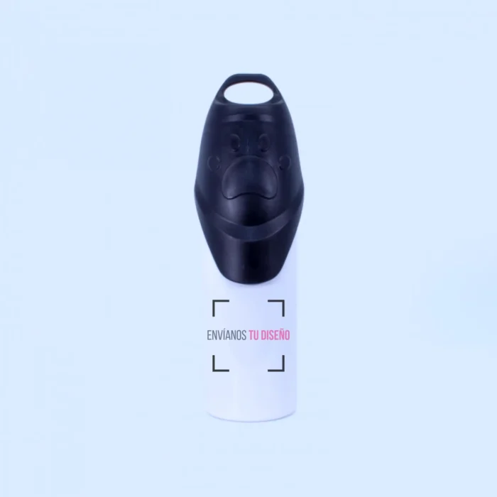 Botella para mascotas personalizada con tapa negra, con mensaje gráfico “envíanos tu diseño”.