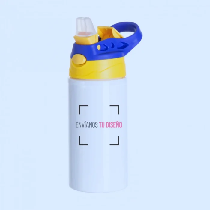 Botella para niños blanca con tapa amarilla y bombilla abierta, lista para personalizar.