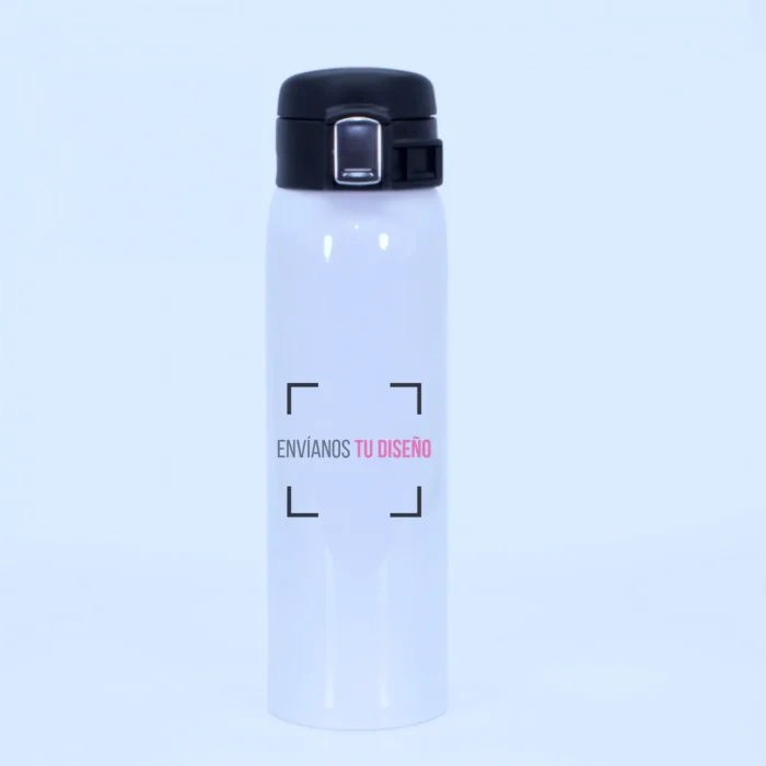 Botella térmica personalizada con diseño a elección, imagen de portada con la frase “envíanos tu diseño”.