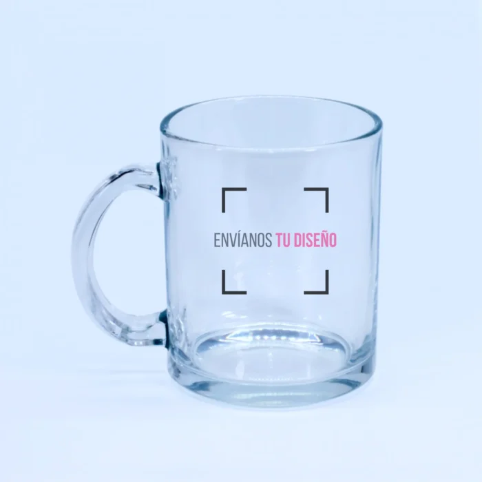 Taza de vidrio personalizada con tu diseño al frente, en vidrio transparente de 11 oz.