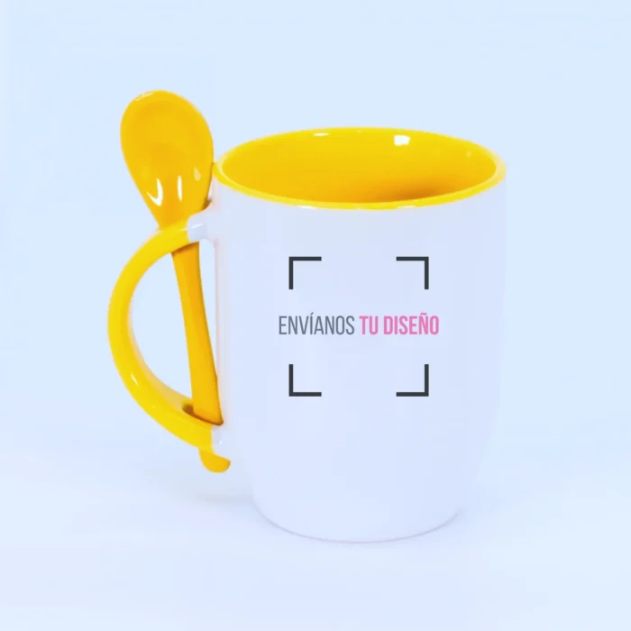 Tazón con cuchara personalizado en color amarillo con la frase "envíanos el diseño", ideal para personalizar con imagen o logo.