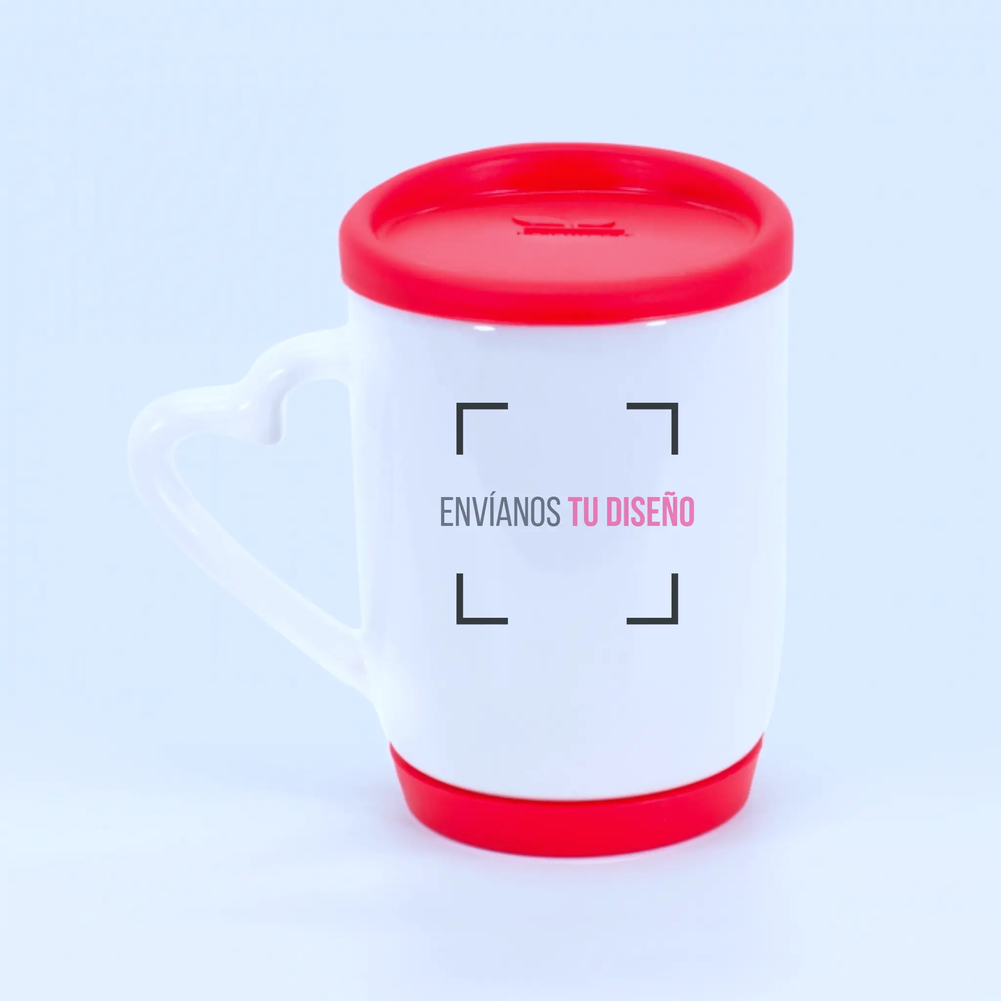 Tazón con tapa rojo con mensaje promocional para personalización.