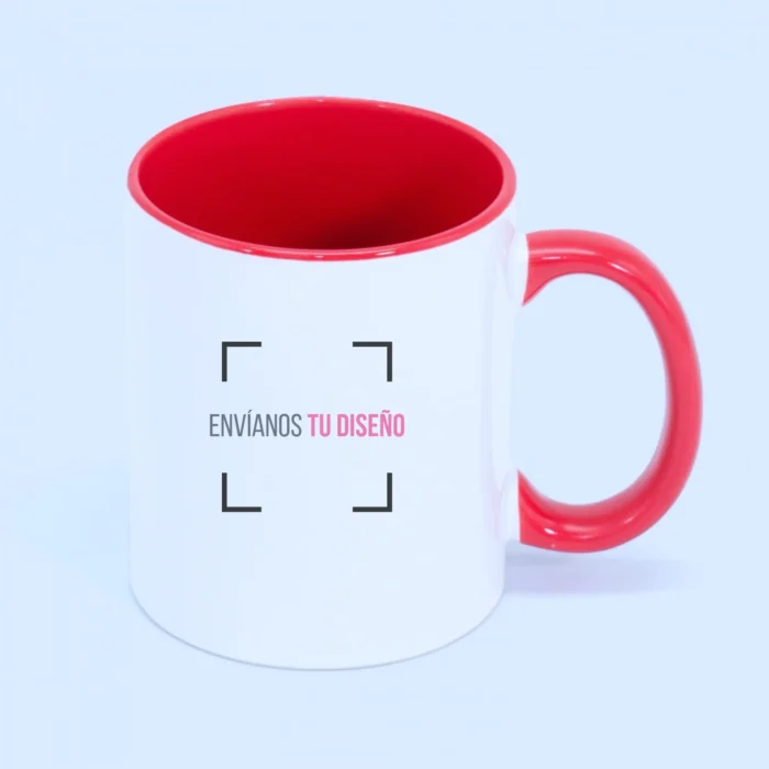 Tazón de colores rojo personalizado con diseño a elección, muestra frase decorativa al frente.