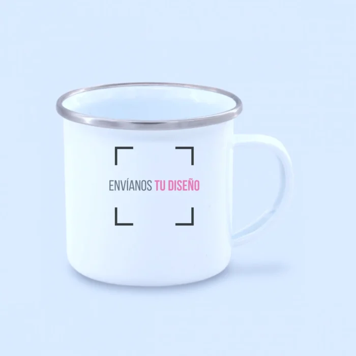 Tazón enlozado personalizado de 12 oz con diseño a elección. Imagen frontal con mensaje “envíanos el diseño”.